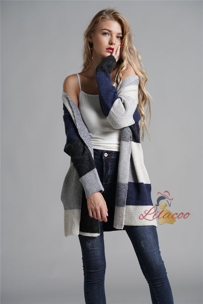 Loose Knit Cardigan Plaid Sweater