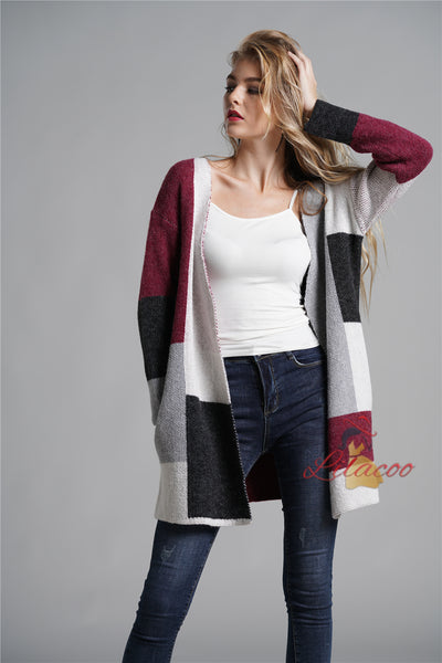 Loose Knit Cardigan Plaid Sweater