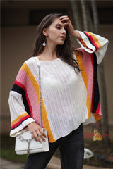 Loose Large Size Stitching Knitted Rainbow Sweater