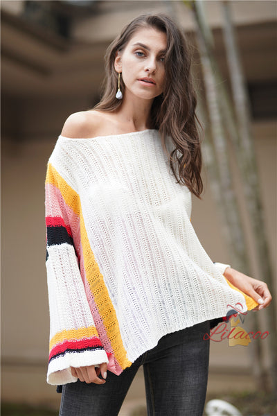 Loose Large Size Stitching Knitted Rainbow Sweater