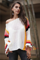 Loose Large Size Stitching Knitted Rainbow Sweater