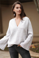 V-neck Loose Solid Color Pullover Sweater