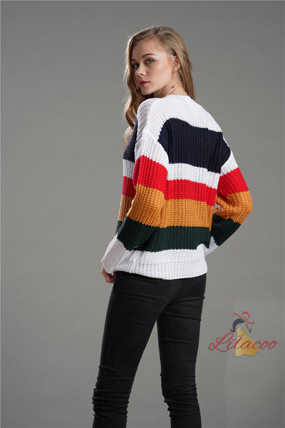 Rainbow Splicing Pullover Loose Sweater