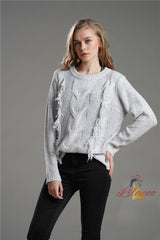 Fringed Solid Color Round Neck Long Sleeve Sweater