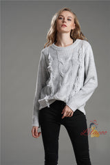 Fringed Solid Color Round Neck Long Sleeve Sweater