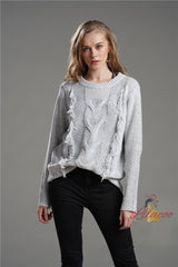 Fringed Solid Color Round Neck Long Sleeve Sweater