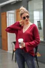 V-neck Loose Solid Color Pullover Sweater