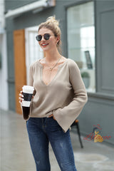 V-neck Loose Solid Color Pullover Sweater