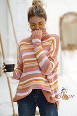 Rainbow Striped Stitching High Neck Sweater