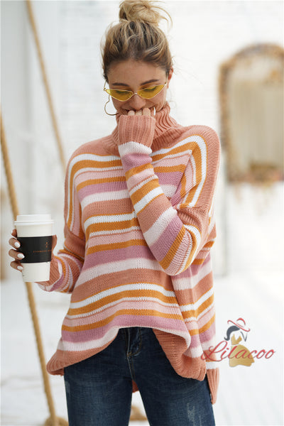 Rainbow Striped Stitching High Neck Sweater