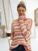 Rainbow Striped Stitching High Neck Sweater