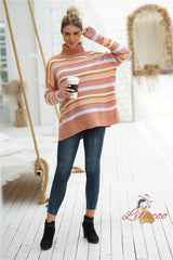 Rainbow Striped Stitching High Neck Sweater