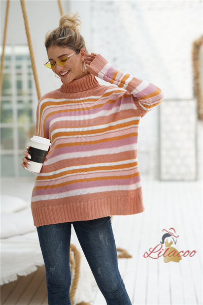 Rainbow Striped Stitching High Neck Sweater