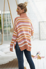 Rainbow Striped Stitching High Neck Sweater