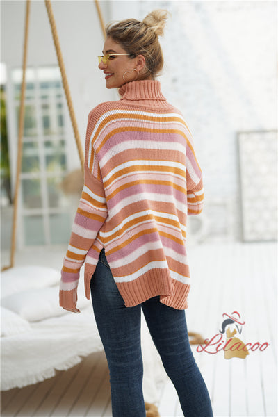 Rainbow Striped Stitching High Neck Sweater