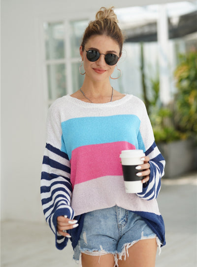 Spliced Loose Round Neck Striped Sweater