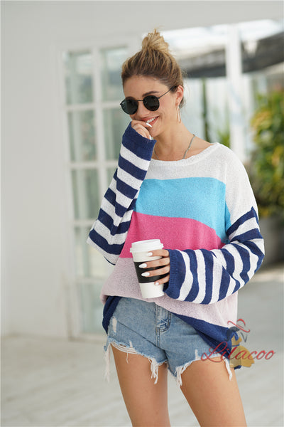 Spliced Loose Round Neck Striped Sweater