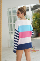 Spliced Loose Round Neck Striped Sweater