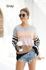 Spliced Loose Round Neck Striped Sweater