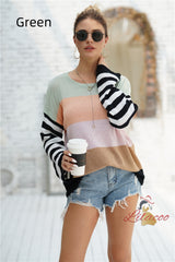 Spliced Loose Round Neck Striped Sweater