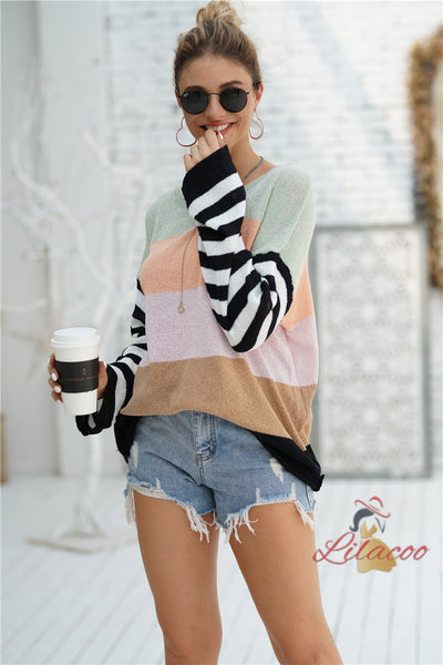 Spliced Loose Round Neck Striped Sweater