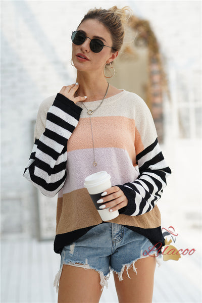 Spliced Loose Round Neck Striped Sweater