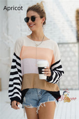 Spliced Loose Round Neck Striped Sweater