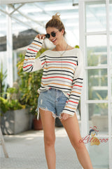 Striped Rainbow Contrast Stitching Loose Sweater