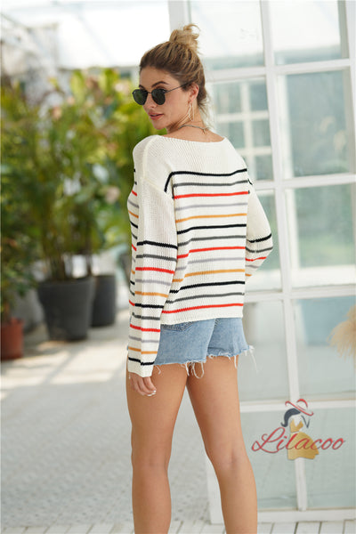 Striped Rainbow Contrast Stitching Loose Sweater