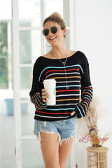 Striped Rainbow Contrast Stitching Loose Sweater