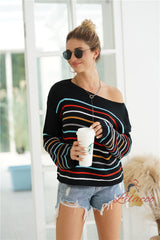 Striped Rainbow Contrast Stitching Loose Sweater