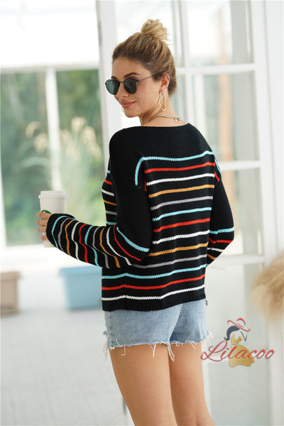 Striped Rainbow Contrast Stitching Loose Sweater