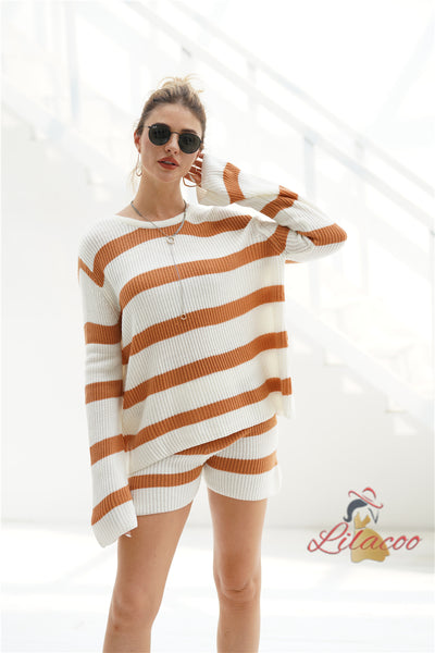 Striped Stitching Loose Shorts Two-piece Suit