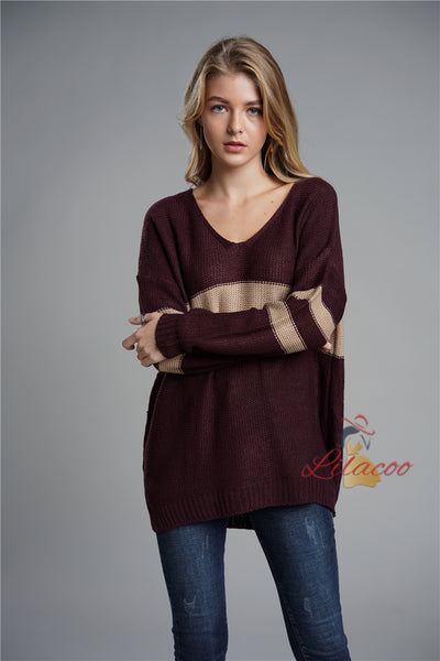 Loose V-neck Striped Sweater