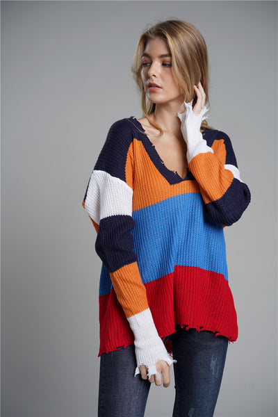 Knitwear V-neck Pullover Loose Rainbow Sweater