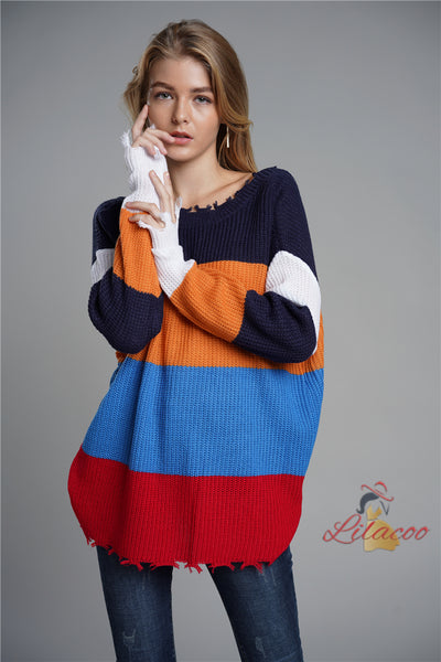 Knitwear V-neck Pullover Loose Rainbow Sweater