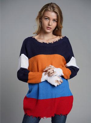 Knitwear V-neck Pullover Loose Rainbow Sweater