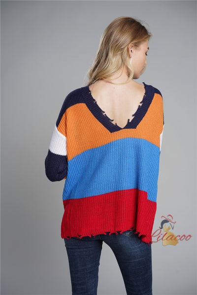 Knitwear V-neck Pullover Loose Rainbow Sweater