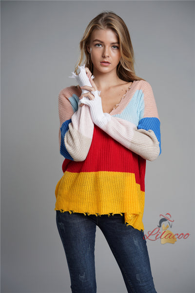 Knitwear V-neck Pullover Loose Rainbow Sweater