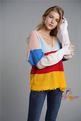 Knitwear V-neck Pullover Loose Rainbow Sweater