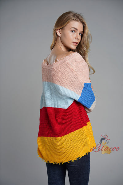 Knitwear V-neck Pullover Loose Rainbow Sweater