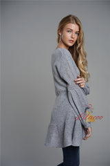 Solid Color Tie Rope V-neck Long Sweater Dress