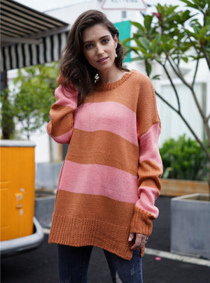 Round Neck Striped Pullover Loose Sweater