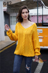 Thick Solid Color V-neck Long-sleeved Loose Sweater