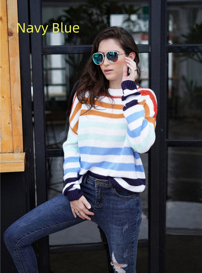 Rainbow Contrast Striped Round Neck Sweater