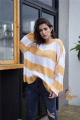 Color Matching Stripes Rolled Edges Sweater