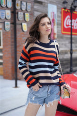 Rainbow Striped Round Neck Long Sleeve Sweater