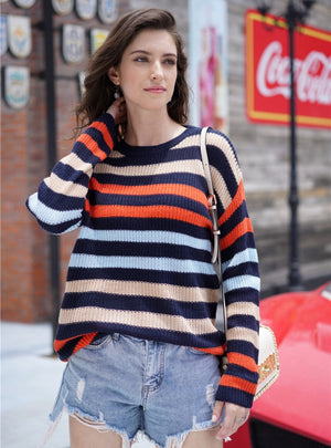 Rainbow Striped Round Neck Long Sleeve Sweater