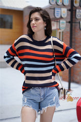 Rainbow Striped Round Neck Long Sleeve Sweater