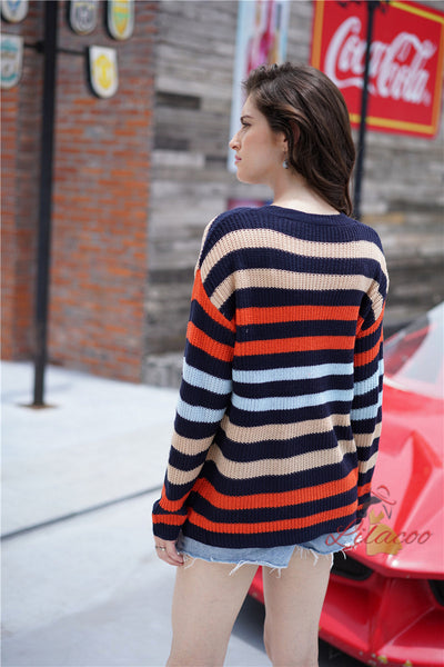 Rainbow Striped Round Neck Long Sleeve Sweater